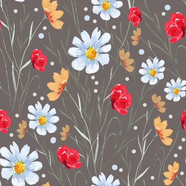 Wildflowers. Seamless pattern with hand painted watercolor wildflowers isolated on beige. Applicable for wallpaper, fabric, textile, wrapping etc.