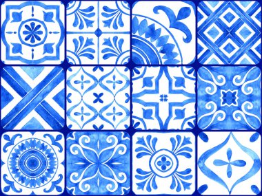 Portekiz azulejo fayans koleksiyonu. Mavi ve beyaz, kusursuz bir desen. Elle boyanmış suluboya resim. Duvar kağıdı, web arkaplanı, baskı, yüzey dokusu için