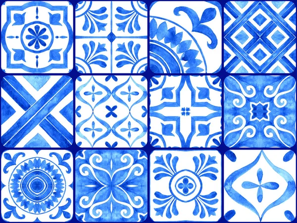 Portuguese Azulejo Tiles Collection Blue White Gorgeous Seamless Pattern Hand — Zdjęcie stockowe