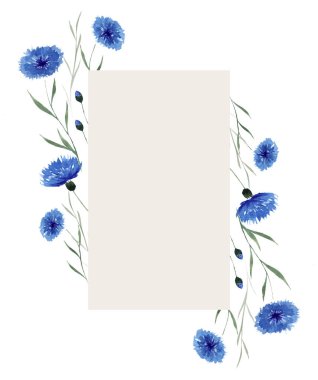 Yazın kır çiçekleri ve yabani yeşil bitkiler. Davetiye veya tebrik kartı, poster, doğa afişi, sanat baskıları için narin suluboya arkaplan.