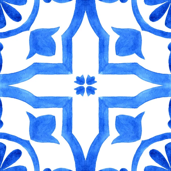 Portekiz azulejo fayansı. Mavi ve beyaz, kusursuz bir desen. Elle boyanmış suluboya resim. Duvar kağıdı, web arkaplanı, baskı, yüzey dokusu için