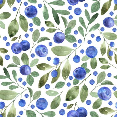 Yaban mersinli ve suluboya yapraklı pürüzsüz desen. Elle boyanmış resim.