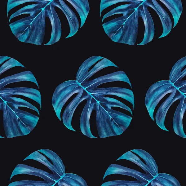 Seamless Pattern Blue Watercolor Monstera Leaves Dark Background Applicable Wallpaper — Fotografia de Stock