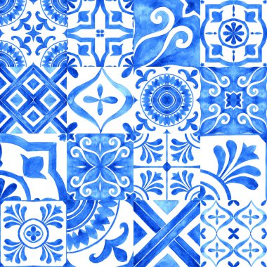 Portuguese azulejo tiles collection. Blue and white gorgeous seamless pattern. Hand painted watercolor illustration. For wallpaper, web background, print, surface texture