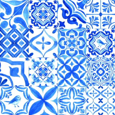 Portuguese azulejo tiles collection. Blue and white gorgeous seamless pattern. Hand painted watercolor illustration. For wallpaper, web background, print, surface texture