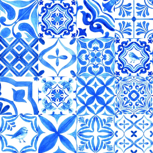 Portuguese Azulejo Tiles Collection Blue White Gorgeous Seamless Pattern Hand — 图库照片