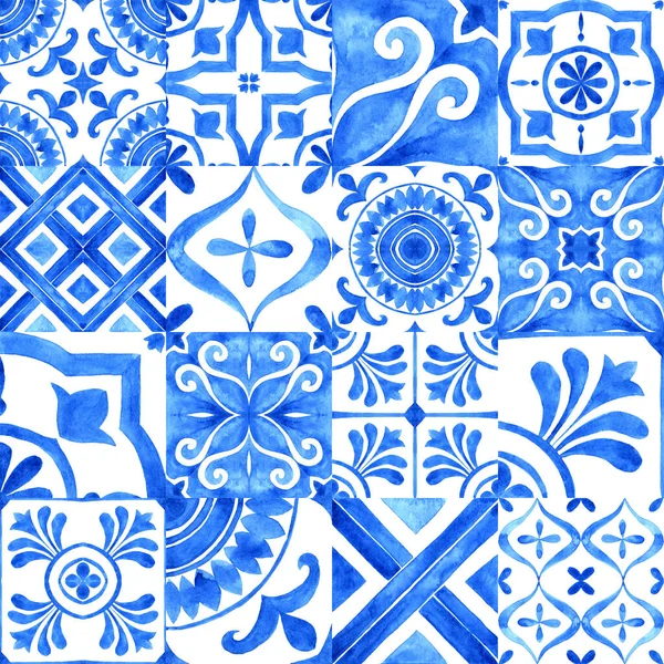 Portuguese Azulejo Tiles Collection Blue White Gorgeous Seamless Pattern Hand — 스톡 사진