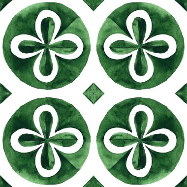 Gorgeous seamless patchwork pattern from dark green and white Moroccan, Portuguese tiles, Azulejo, Arabic ornament. Hand painted watercolor