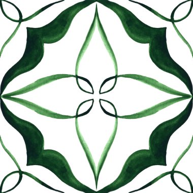 Gorgeous seamless patchwork pattern from dark green and white Moroccan, Portuguese tiles, Azulejo, Arabic ornament. Hand painted watercolor
