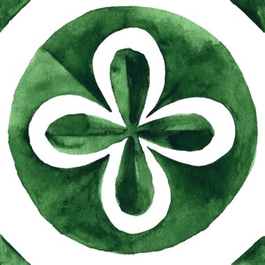 Gorgeous patchwork pattern from dark green and white Moroccan, Portuguese tiles, Azulejo, Arabic ornament. Hand painted watercolor