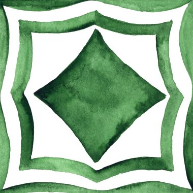 Gorgeous patchwork pattern from dark green and white Moroccan, Portuguese tiles, Azulejo, Arabic ornament. Hand painted watercolor