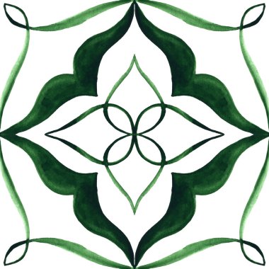 Gorgeous seamless patchwork pattern from dark green and white Moroccan, Portuguese tiles, Azulejo, Arabic ornament. Hand painted watercolor