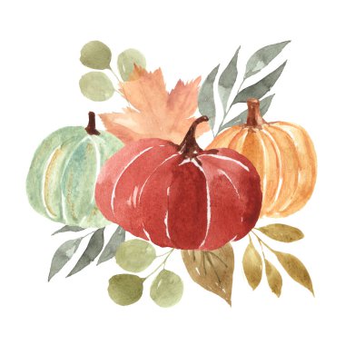 Autumn watercolor illustration with pumpkins, leaves. Beautiful clip art for your design.
