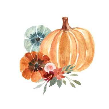 Autumn watercolor illustration with pumpkins, leaves. Beautiful clip art for your design.