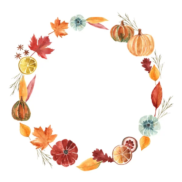 Watercolor autumn wreath with yellow, red leaves, pumpkins and dry citruces. Decoration element for your design. Place for text.