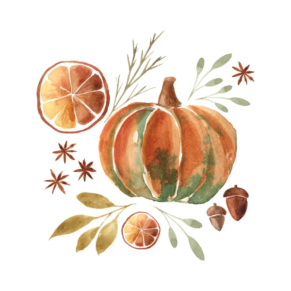 Autumn Watercolor Illustration Pumpkins Leaves Beautiful Clip Art Your Design — Zdjęcie stockowe