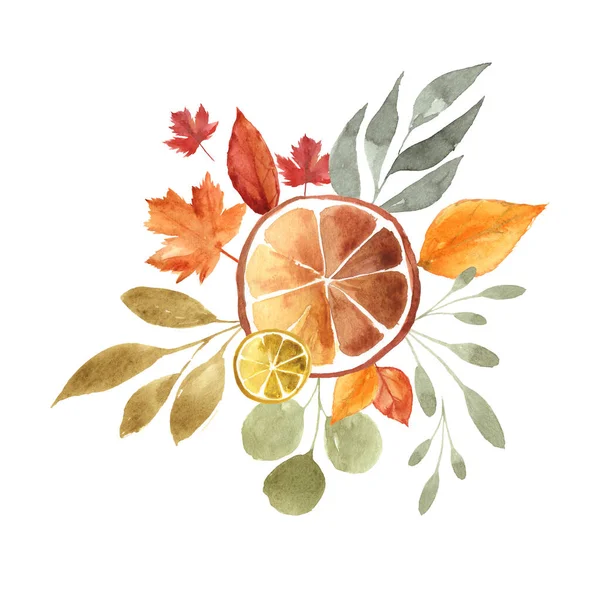 Autumn Watercolor Illustration Dry Orange Leaves Beautiful Clip Art Your — Foto de Stock