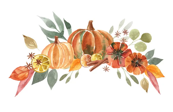 Autumn watercolor illustration with pumpkins, leaves. Beautiful clip art for your design.