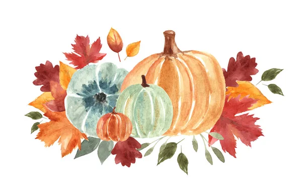 Autumn Watercolor Illustration Pumpkins Leaves Beautiful Clip Art Your Design — Stock Photo, Image
