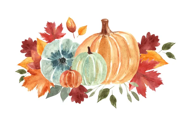 Autumn watercolor illustration with pumpkins, leaves. Beautiful clip art for your design.