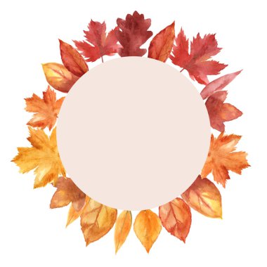 Sonbahar yapraklı suluboya çerçeve ve beyaz arka planda izole dallar. Tebrik kartları, düğün davetiyeleri, alıntılar ve dekorasyonlar için sonbahar illüstrasyonu.