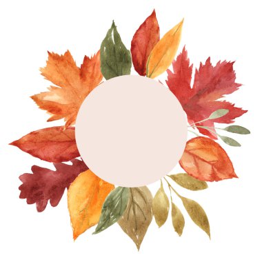 Sonbahar yapraklı suluboya çerçeve ve beyaz arka planda izole dallar. Tebrik kartları, düğün davetiyeleri, alıntılar ve dekorasyonlar için sonbahar illüstrasyonu.