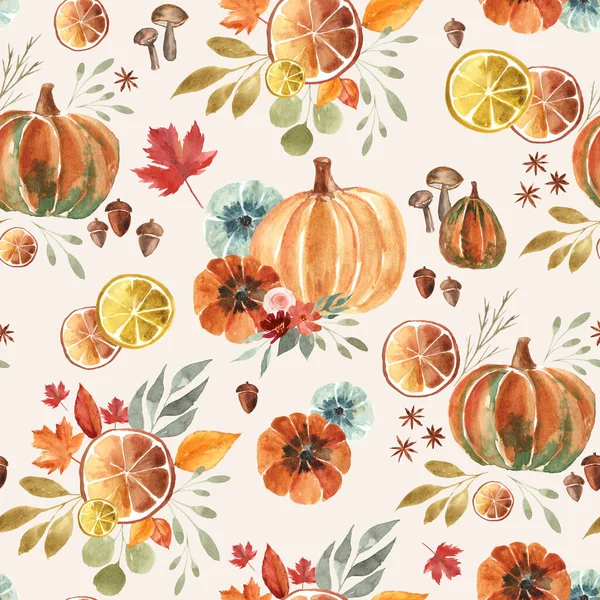 Autumn Seamless pattern with pumpkins, oranges and leaves in watercolor style. Hand painted illustration. Perfect for cards, stationery, home decor, wedding design etc.