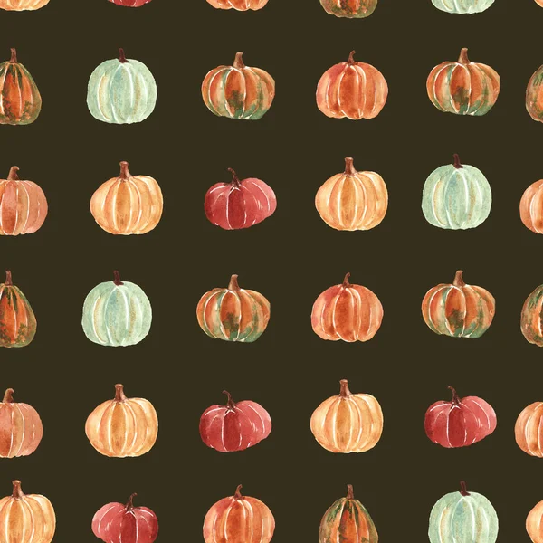 Autumn Seamless pattern with pumpkins in watercolor style. Hand painted illustration. Perfect for cards, stationery, home decor, wedding design etc.