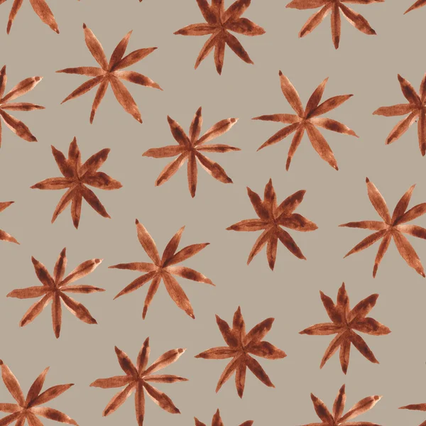 Autumn Seamless pattern with anise stars in watercolor style. Simple hand painted illustration. Perfect for cards, stationery, home decor, wedding design etc.
