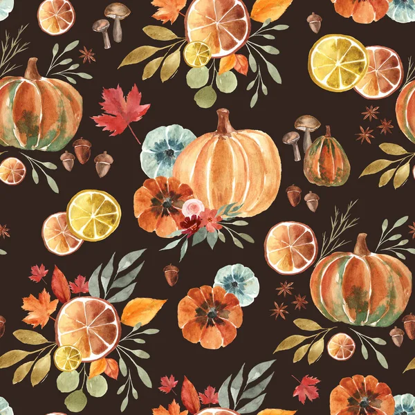 Autumn Seamless Μοτίβο Κολοκύθες Πορτοκάλια Και Φύλλα Στυλ Ακουαρέλα Διαφανές — Φωτογραφία Αρχείου