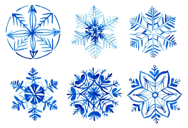 Collection Six Snowflakes Watercolor Isolated White Symbol Winter Beautiful Decoration — Stock Photo, Image