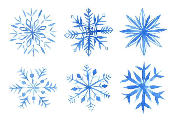 Kolekcja Sześciu Płatków Śniegu Akwareli Odizolowany Biało Symbol Zimy Piękna — Zdjęcie stockowe