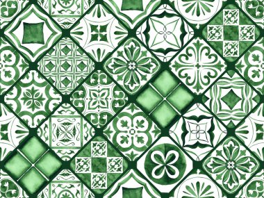 Gorgeous seamless patchwork pattern from dark green and white Moroccan, Portuguese tiles, Azulejo, Arabic ornament. Hand painted watercolor