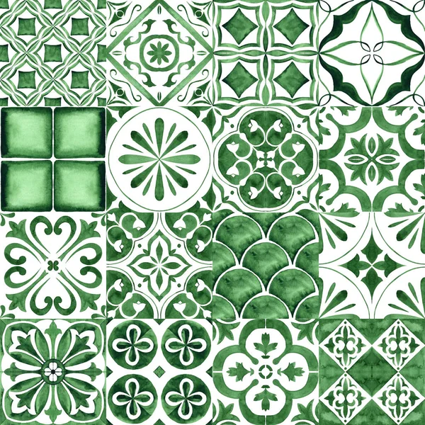 Gorgeous Seamless Patchwork Pattern Dark Green White Moroccan Portuguese Tiles — Fotografia de Stock