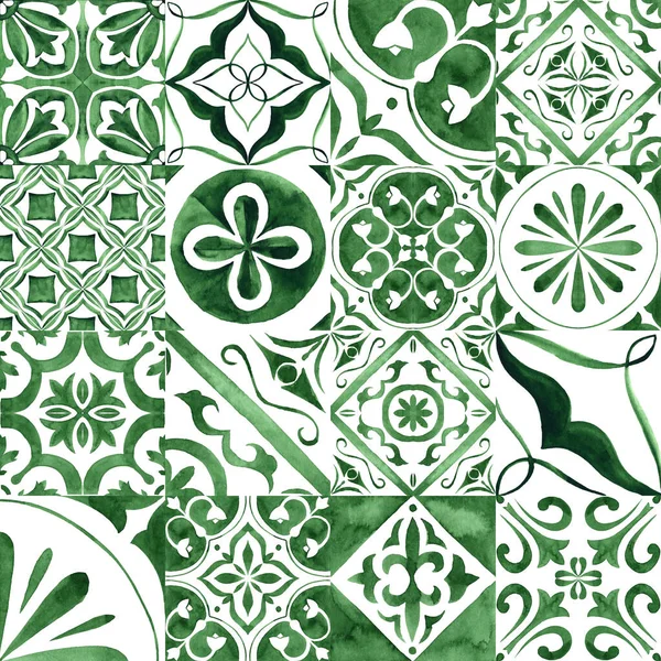 Gorgeous Seamless Patchwork Pattern Dark Green White Moroccan Portuguese Tiles — Zdjęcie stockowe