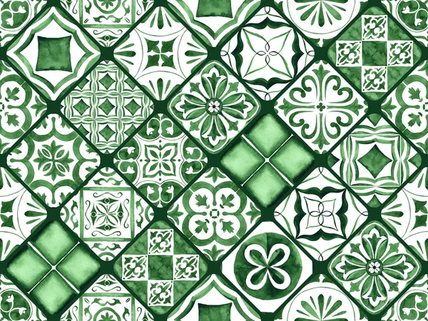 Gorgeous Seamless Patchwork Pattern Dark Green White Moroccan Portuguese Tiles — Stok fotoğraf