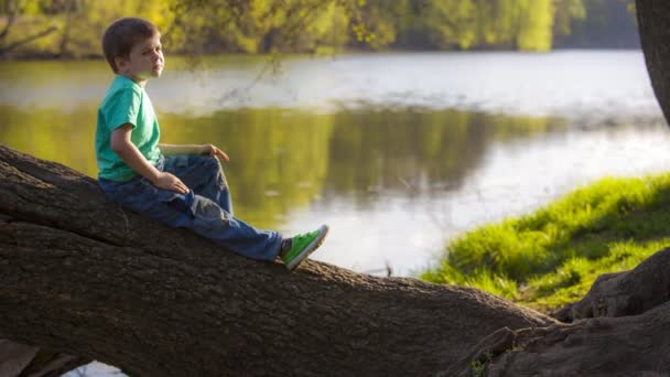 Boy sitting near the water — Stock Video