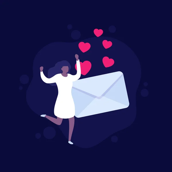 Lettre d'amour, courrier et fille heureuse, vecteur — Image vectorielle