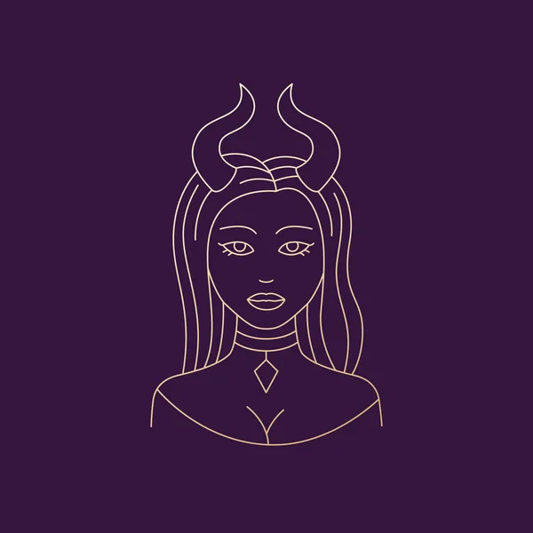 Succubus, demon girl, woman with horns, line art — ストックベクタ