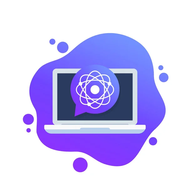 Atom, nuclear research icon with a laptop — Διανυσματικό Αρχείο