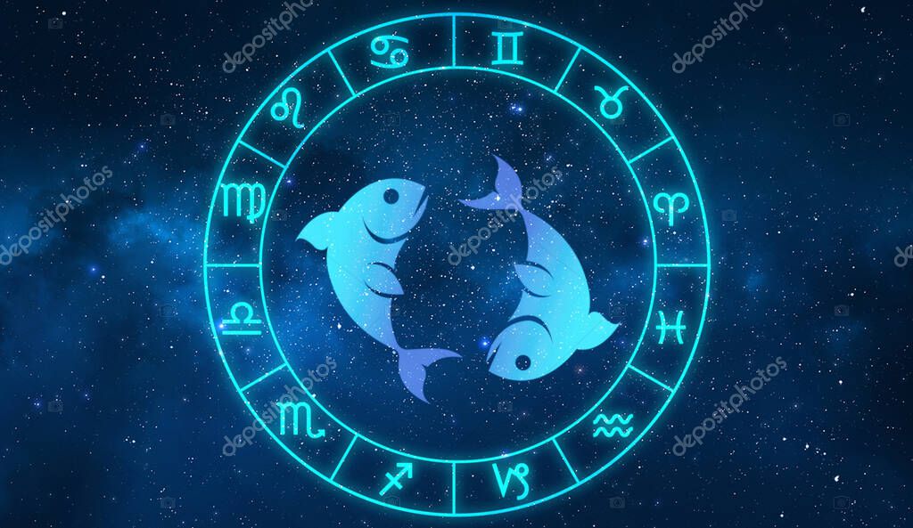 Pisces horoscope sign in twelve zodiac with galaxy stars .