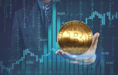Bilgisayar ticareti geçmişinde altın Bitcoin tutan iş adamları. Bitcoin en önemli kripto para birimi kavramı