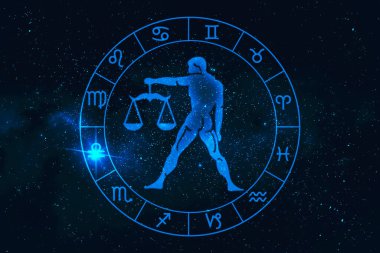 Galaksi yıldızlarının arka planında 12 burçlu terazi burcu, çokgen düşünen adamın grafiği. 