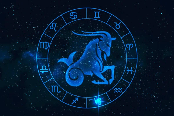 capricorn horoscope sign in twelve zodiac with galaxy stars background, graphic of polygon man thinking