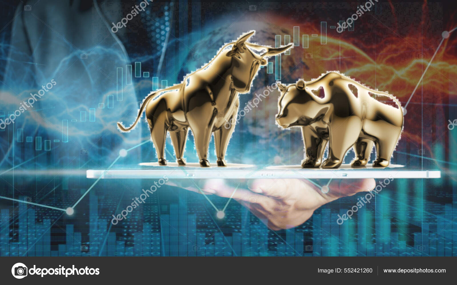 适用于股票营销或金融投资牛市和熊市的未来主义观念中牛市与熊市的概念艺术——图库图片© Icestock #552421260