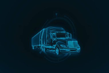 Kamyon. Soyut vektör 3D ağır kamyon minibüsü. Otoyol. Koyu mavi arka planda izole edilmiş. Ulaşım, lojistik veya uluslararası nakliye kavramı.
