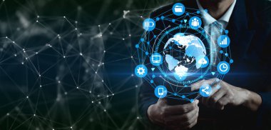 Küresel bir ağda yatırımcılar ve bilgi alışverişi ve iş geliştirme, teknoloji satışları ve dijital pazarlama, finans ve bankacılık ile birlikte cep telefonu kullanan iş adamları. 