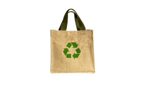 布エコバッグ空白のまたは綿糸の布袋 空の袋と緑のリサイクルシンボル白 布の布エコバッグ緑の空のテンプレートに隔離されたキャンペーンのためにバッグを使用して廃棄物プラスチックを減らす — ストック写真