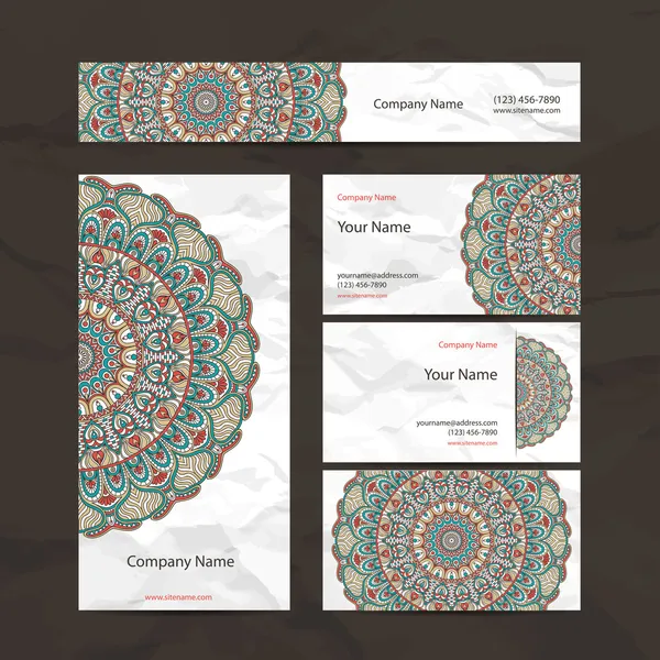 Conjunto tarjeta de visita retro. Fondo vectorial. Tarjeta o invitación. Elementos decorativos vintage. Fondo dibujado a mano. Islam, árabe, indio, motivos otomanos . — Vector de stock