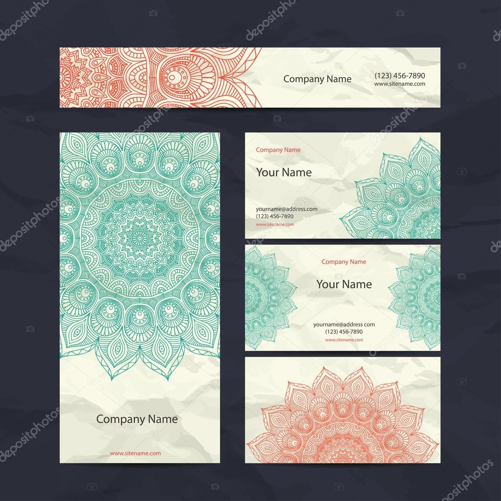 Set retro business card. Vector background. Card or invitation. Vintage decorative elements. Hand drawn background. Islam, Arabic, Indian, ottoman motifs.